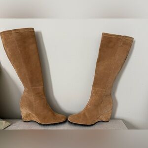 Franco Sarto Knee High Tan Suede Wedge Boots